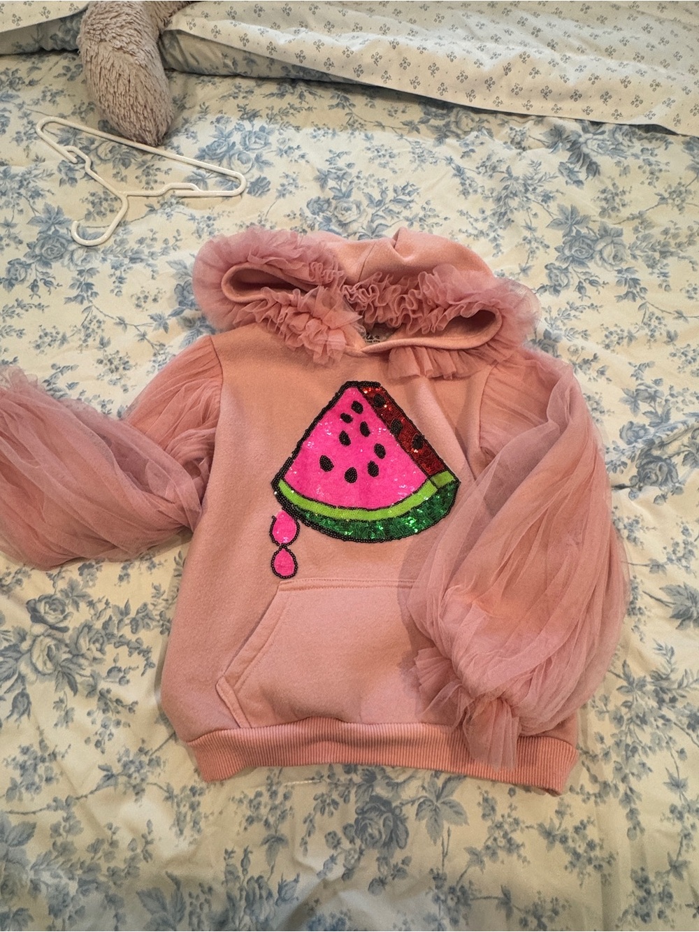 lola Pink Sequin Watermelon Hoodie with Tulle Puff Sleeves